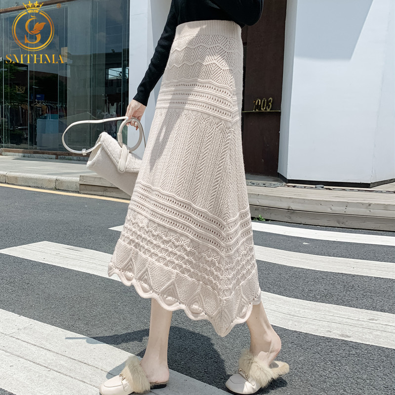 

Casual A-Line Sweater Skirt Female Autumn Winter Mid-Length Elegant Hollow Out Women Faldas Mujer Moda 210520, Photo color