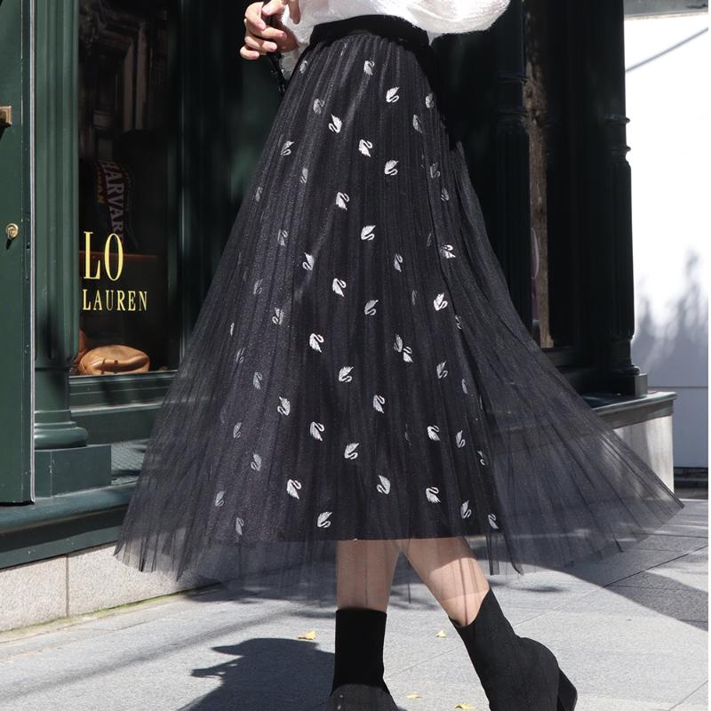 

Skirts Women Pleuche Patchwork Mesh Two Layered 2021 Autumn Winter Fashion Female Casual A-line Maxi Pleated Skirt, Gray