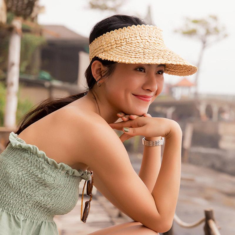 

Berets Women Summer Handmade Woven Natural Straw Hat Sun Visor Empty Top Wide Brim UV Protection Beach Sunhat Men Holiday Peaked Caps, F0198-1