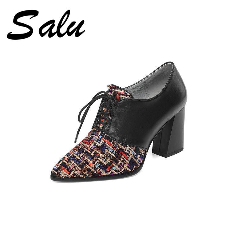 

Dress Shoes Salu Genuine Leather Women Pumps Fashion Flock All Match Square High Heel Pointed Toe Casual Ladies Wedding Size 34-43, Black