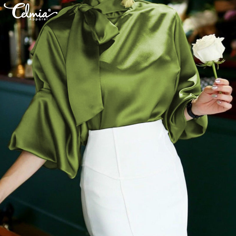 

Celmia Women Satin Blouses 2021 Fashion Tops Tunic Plus Size Elegant OL Bow Tie Lantern Sleeve Office Shirt Casual Slik Blusas, Green