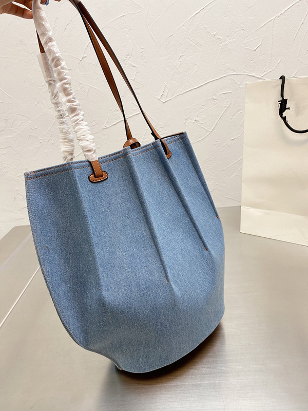 

Denim + cattle leather handbag half moon large capacity flannel lined Tote Bag Oval solid leather bottom Light blue & Brown handbags Pendant