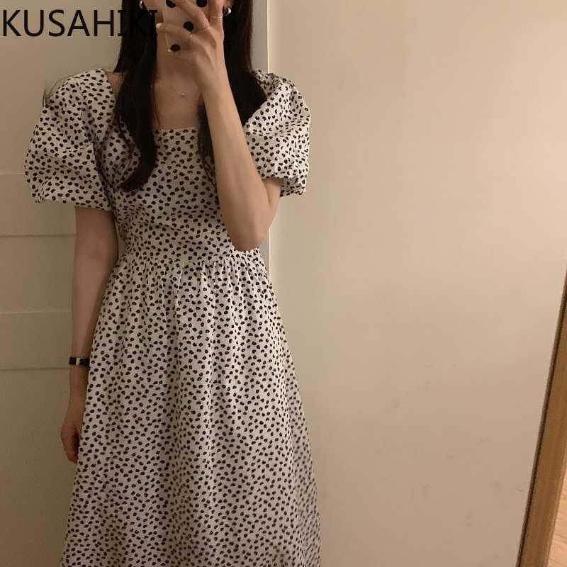 

Sweet Floral Women Dress Puff Sleeve Square Collar Vestidos Femme High Waist Hollow-out A-line Dresses 6G427 210603, White