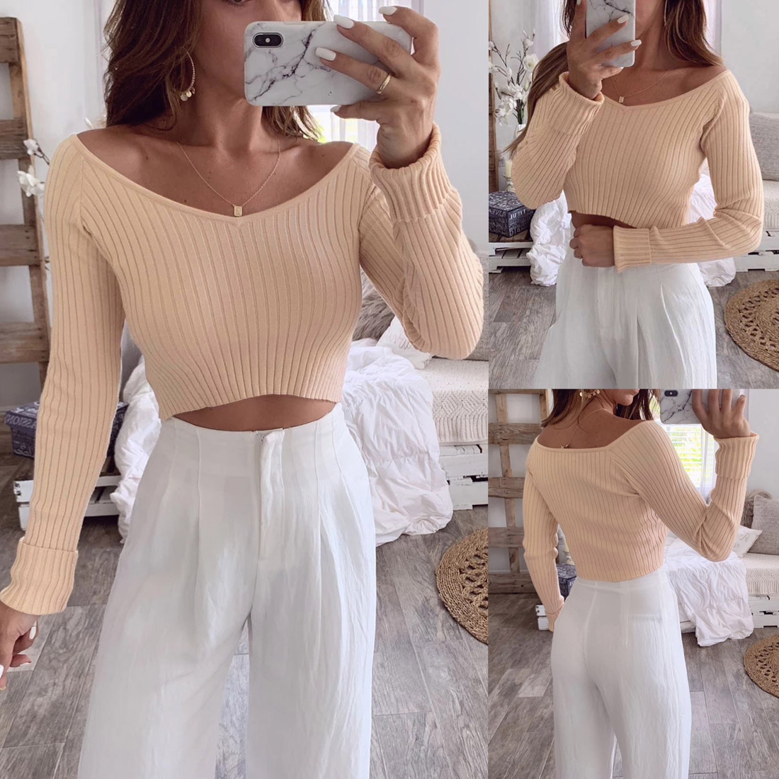 

Newest Hot Womens Ladies Autumn Office Wear Female Long Sleeve Tee Casual Knit Jumper Pullover Top T-Shirt, Beige