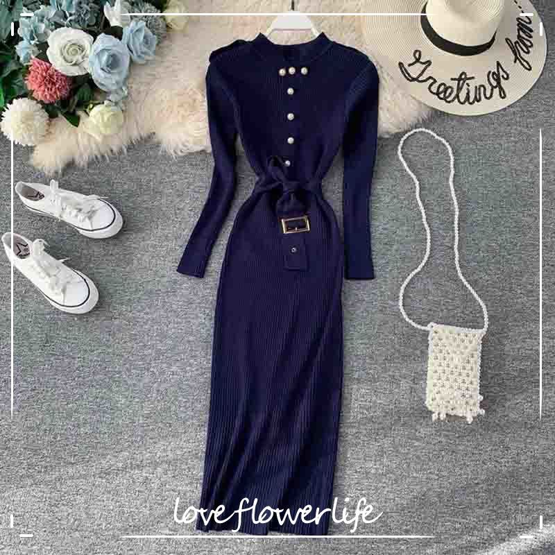 

Vintage Slim Button Autumn Winter Knitted Dress Women Casual Long Sleeve Belt Bottoming Sweater Dress Party Bodycon Vestidos 210521, Green