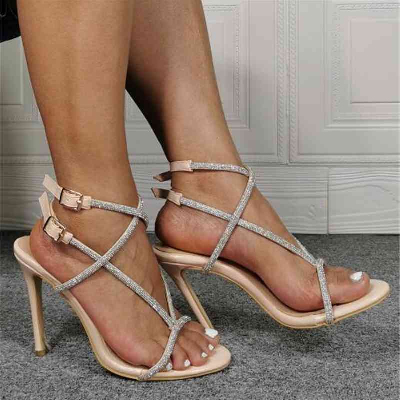 

sandals bling bling woman fashion crystal diamond stiletto sandals narrow heels cross buckles straps high hn02, Black