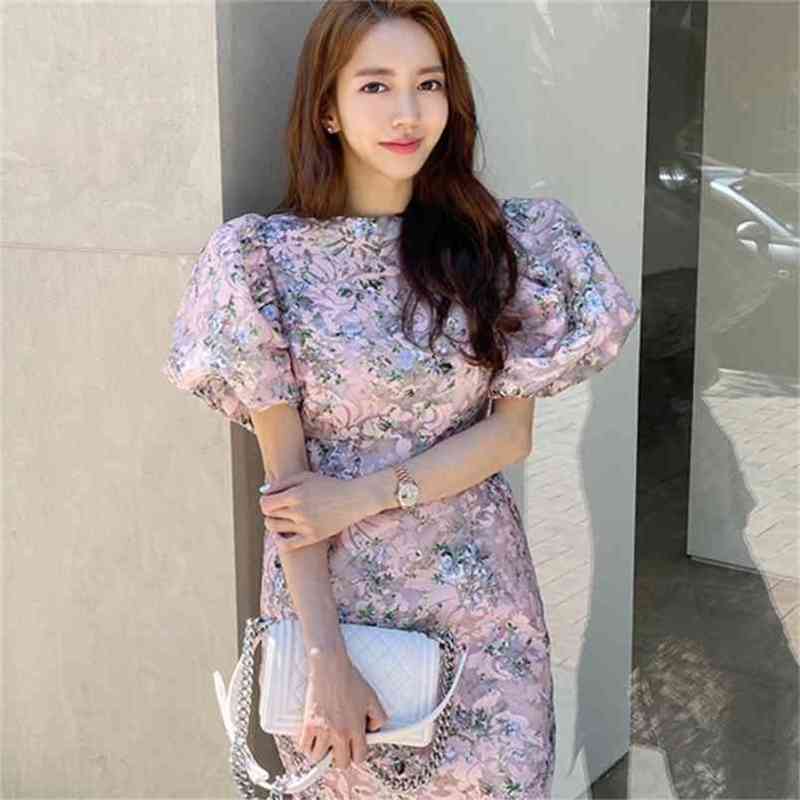 

Women Summer Elegant Puff Sleeve Dress Female Fashion Office Lady Robe Femme Vintage Lace Flowers Embroidery Slim Pencil 210519, Photo color
