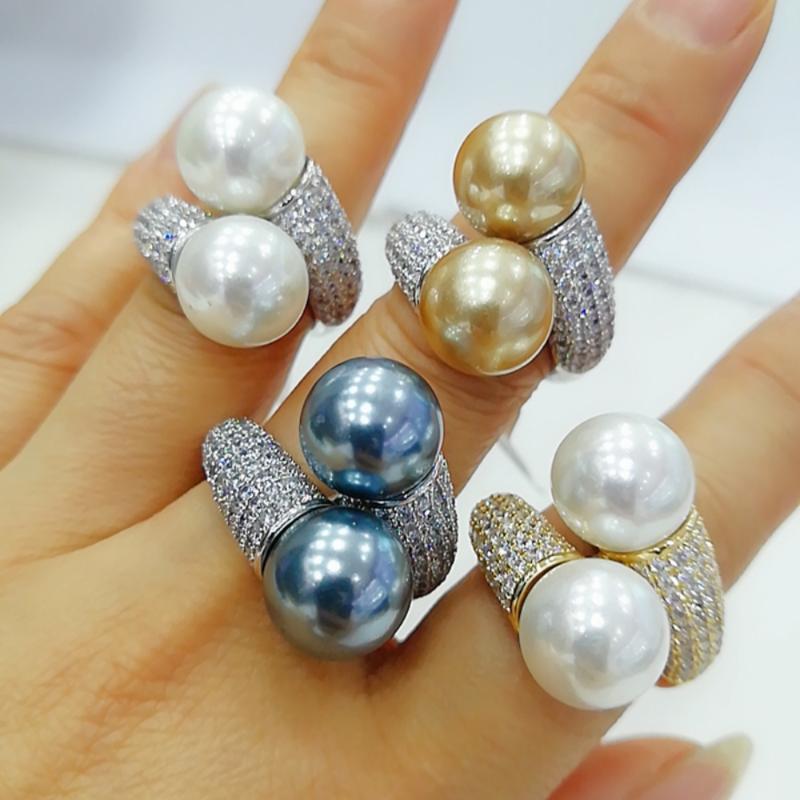 

Cluster Rings KellyBola Trendy Round Pearl Statement For Women Cubic Zircon Finger Beads Charm Ring Bohemian Beach Jewelry, Golden;silver