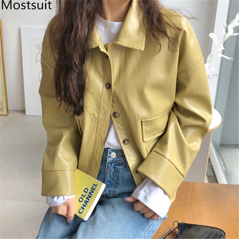 

Korean Fashion Pu Coat Jacket Women Spring Autumn Single-breasted Pockets Casual Streetwear Female Tops Coats 210518, Green
