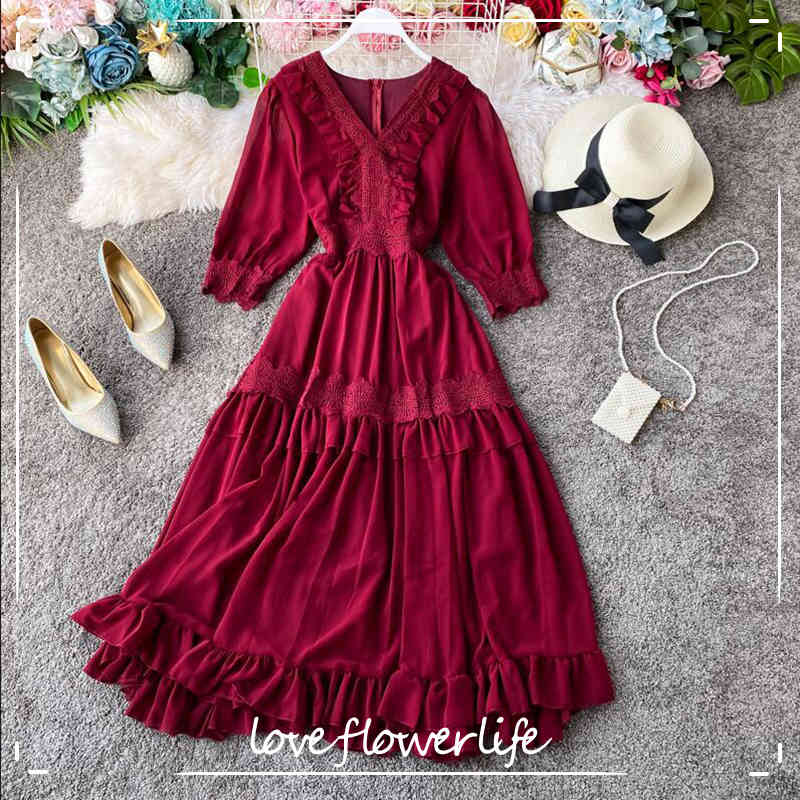 

Vintage Summer Party Dress Women Solid Color Sexy V-neck Ruffles Elegant Long Dress Beach Female Red Midi Dresses Vestidos 210521