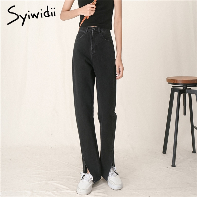 

Slit Leg Black Jeans For Women Vintage Full Length Flare Pants Mom High Waisted Ripped Spring Summer Fashion Blue 210607