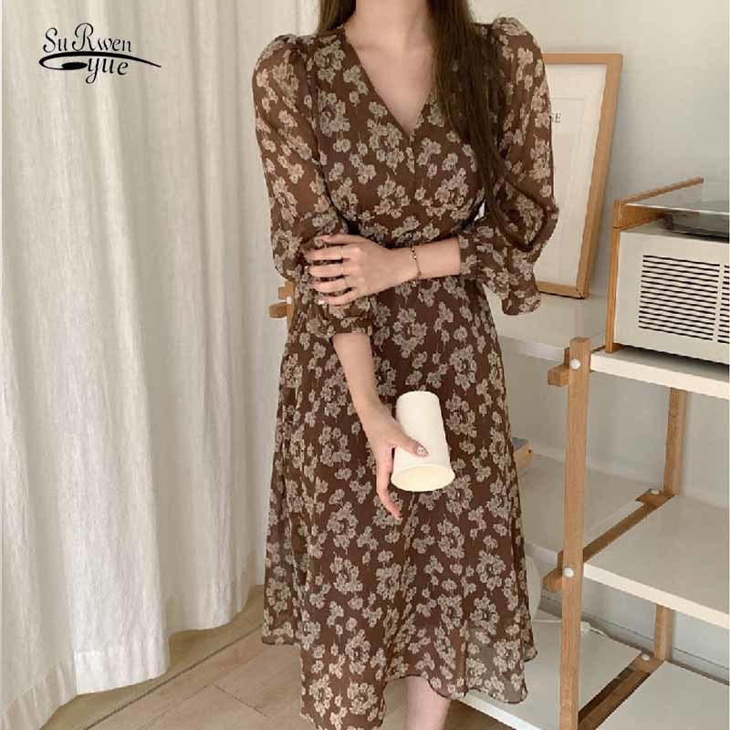 

French Style Vintage Autumn Puff Sleeve Long Dress V-neck Waist Tie Slim Chiffon Floral Dress Female Robe Femme 12298 210518, Apricot