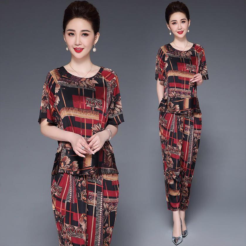 

2 pieces ice silk clothing womens tracksuits sets plus size xl 5xl summer middle aged mother good quality brand, Gray