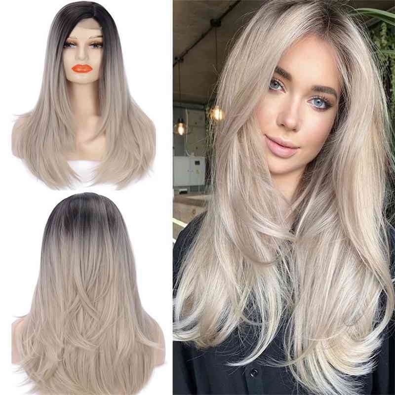 

fade medium split Women's long straight hair front lace wig Headcover, Ombre color