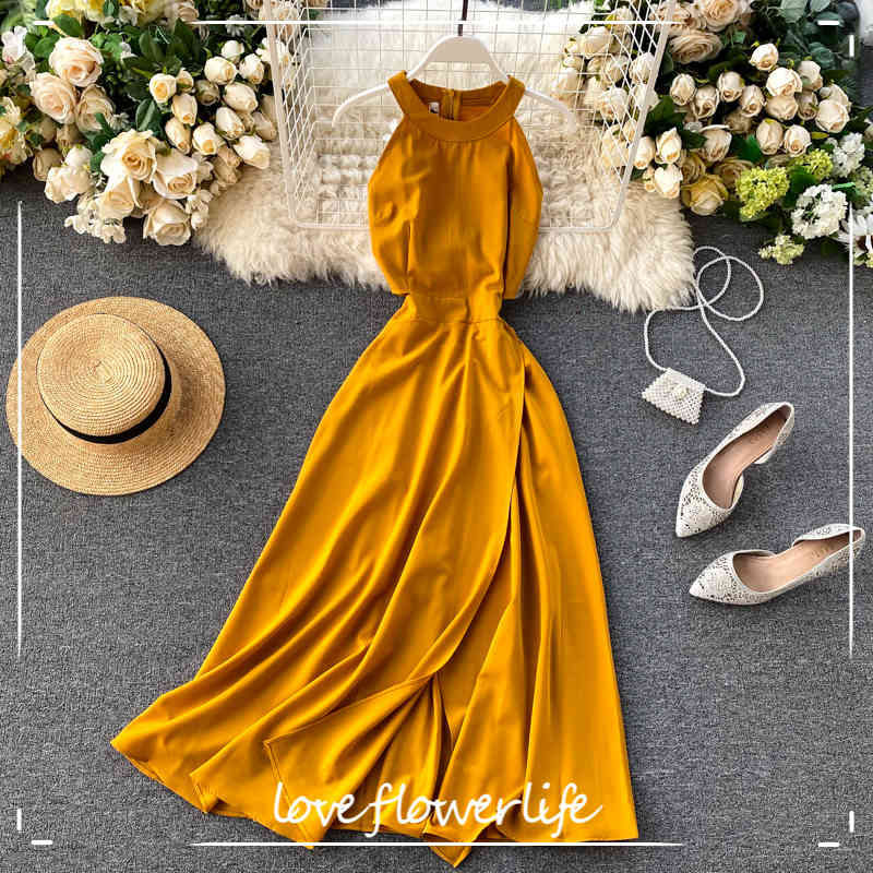 

Summer Women Sleeveless Sexy Halter Dresses Female High Waist Solid Color Casual Midi Dress Ladys Red Dress 210521, Black