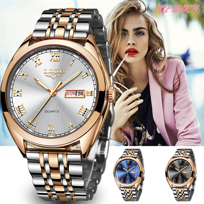 

LIGE Fashion Women Watches Ladies Top Brand luxury Waterproof Gold Quartz Watch Women Stainless Steel Date Wear Gift Clock 2021g, Rose gold white