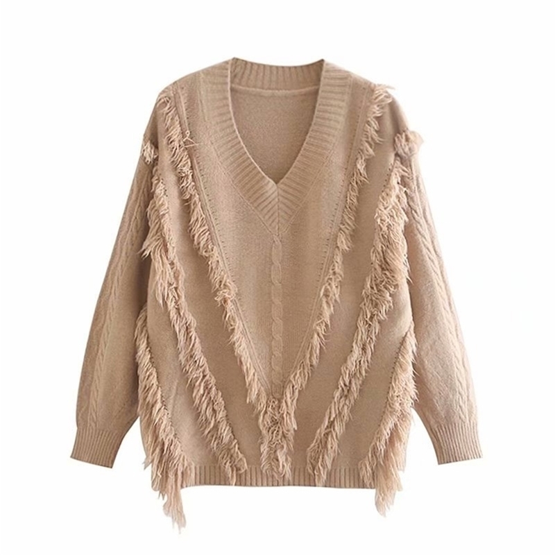 

Paris Girl Autumn Women Solid V-Neck Long-Sleeved Loose Pullover Tassel Sweater Winter Clothes Sexy Knitted 210524, Apricot