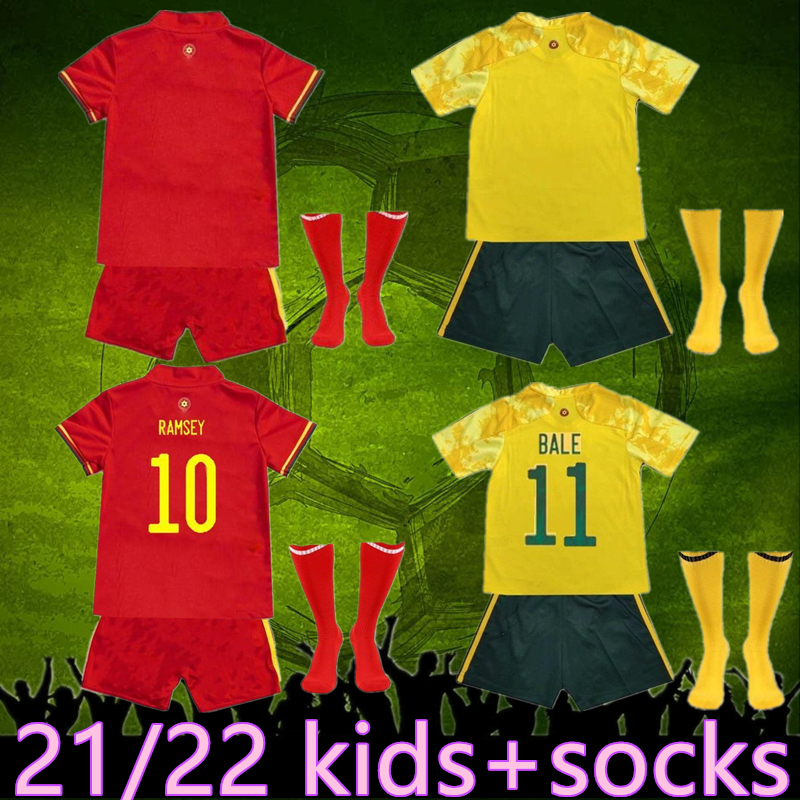 

2021 kids kit+socks youth wales soccer jerseys national team home away bale james ramsey child maillot de football shirts allen camiseta fut, Black;yellow