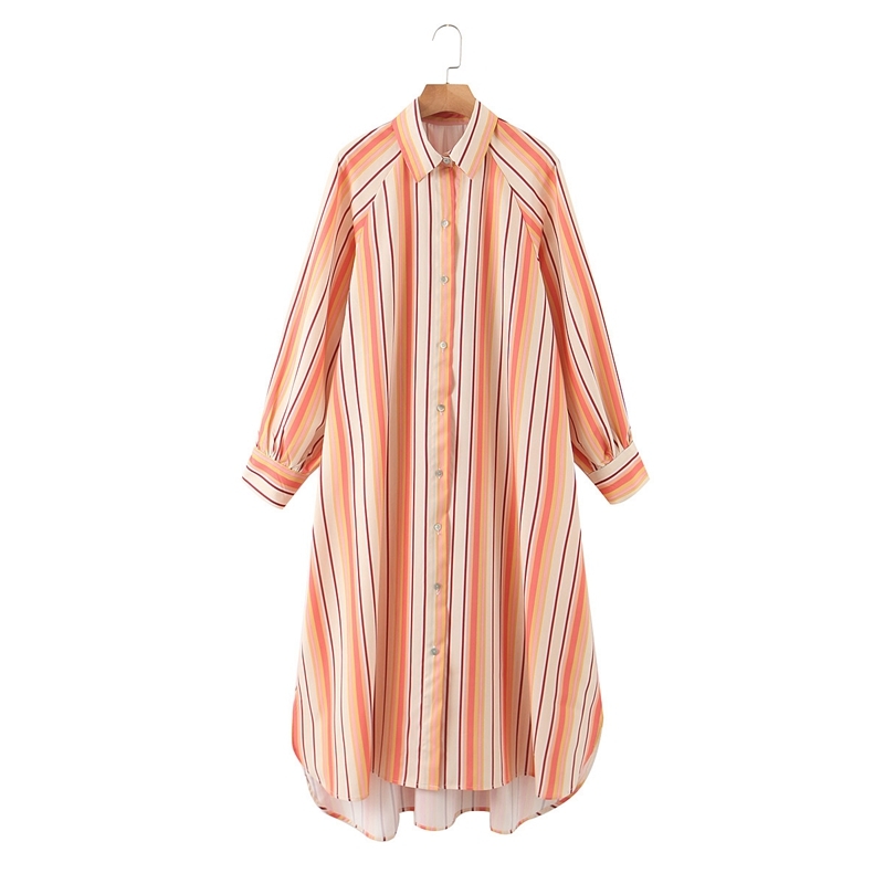 

Casual Loose Striped Long Blouse Turn Down Collar Split Shirt Dress Women Spring Summer Vacation Office XZ2464 210525, Orange
