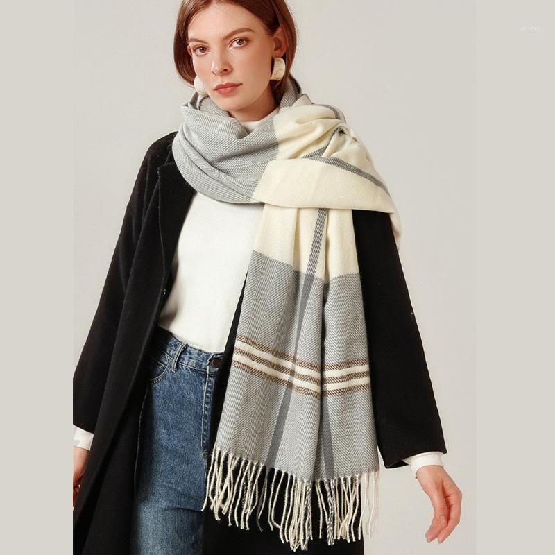 

Winter Warm Plaid Cashmere Shawl Scarf For Women Stripes Thicked Blanket Scarves Female Neck Foulard Hijabs YG936, Blue;gray