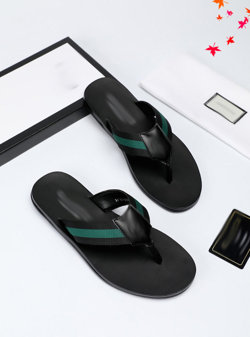 

2021 Slipper Designer Slide Summer sandals Fashion Men Beach Indoor Flat Flip Flops Leather luxurys Shoes mens Slippers with box Size 39-45 -H160, Black
