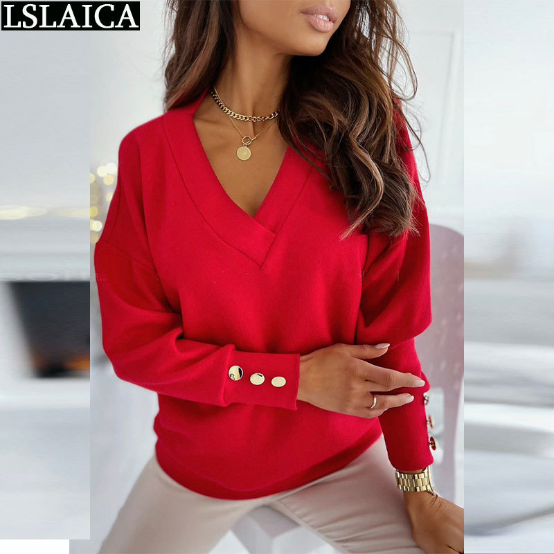 

Fashion Women Tops Solid Color Long Sleeve V Neck Buttons Casual Knit ' Blouse Bottoming 210520, Black