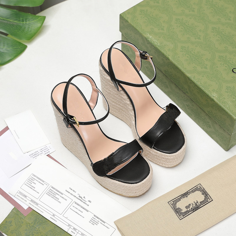 

summer women Platform Luxury designer sandals Ankle Wrap Shoe womens Party Heels Shoes Soft Leather Buckle Strap Solid Slope heel sanda 34-42, Brown