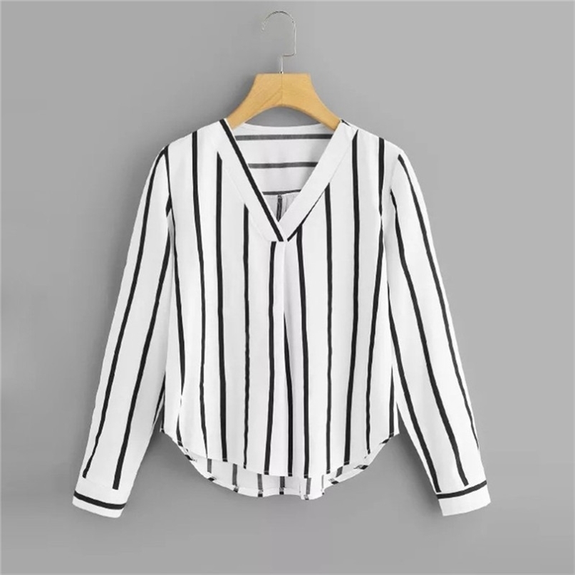 

Autumn Long Sleeve V Neck Irregular Stripe Shirt Women Casual Tops And Blouses chemise femme camisas mujer women blouses 210607, Black