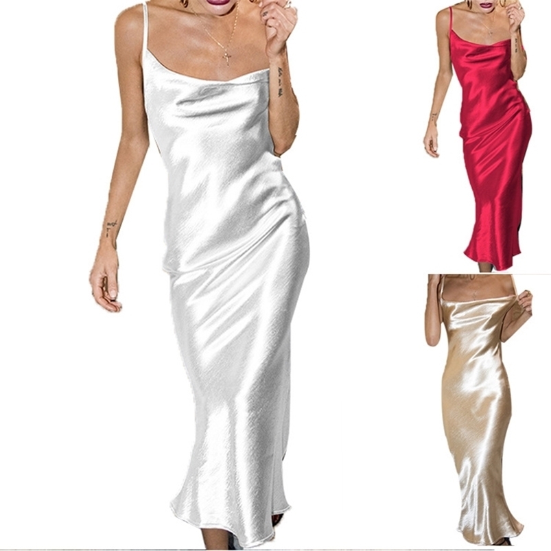 

Summer Women Satin Long Dress Sexy Sleeveless Backless Spaghetti Strap Silk Mermaid es Female Nightclub Party Maxi 210701, White