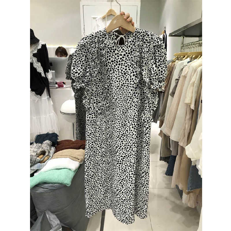 

VANOVICH Korean Style Women's Dress Summer Fashion Round Neck Ladies Lace Stitching Leopard Women Clothing 210615, White