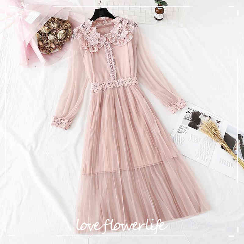 

Spring Autumn Women Dress Long Sleeve Lotus Leaf Collar Flowers Sling Lace Dress 2 Piece Set Sweet Party Mesh Dresses Vestidos 210521, Pink