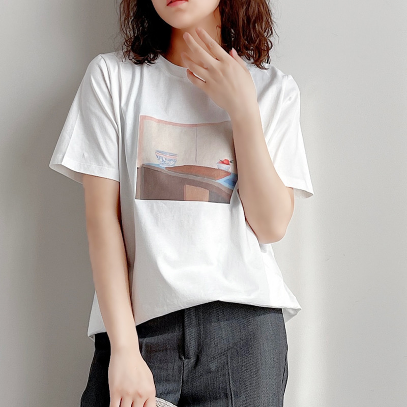 

Women's T-Shirt 100% Cotton Vintage Oil Painting Print Woman T-shirts Summer Round Neck Short Sleeve Loose Women Casual Tops J5PI, White