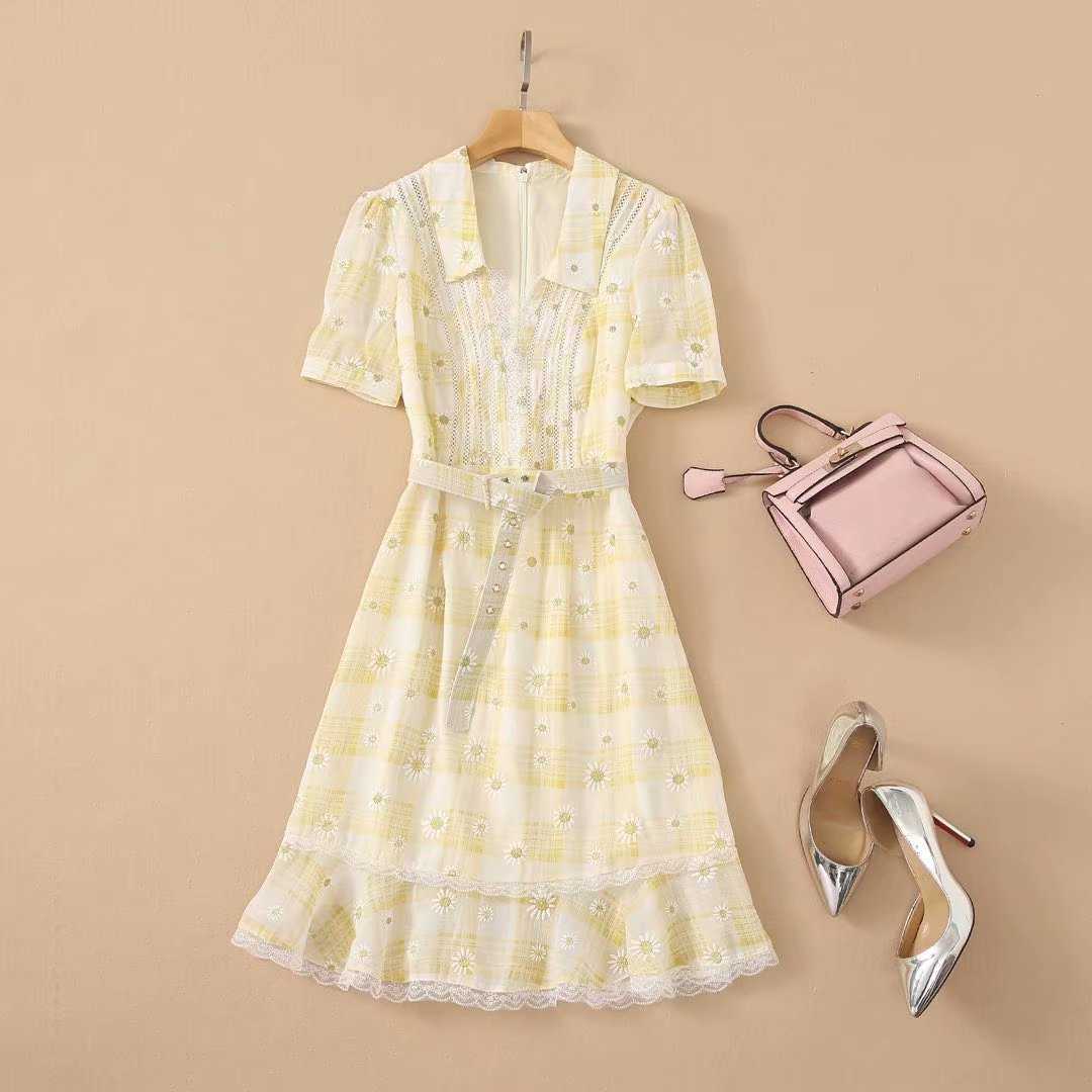 

EXCELLENT QUALITY est Summer Fashion Short Sleeve Belted Embroidery Dress 210526, Yellow