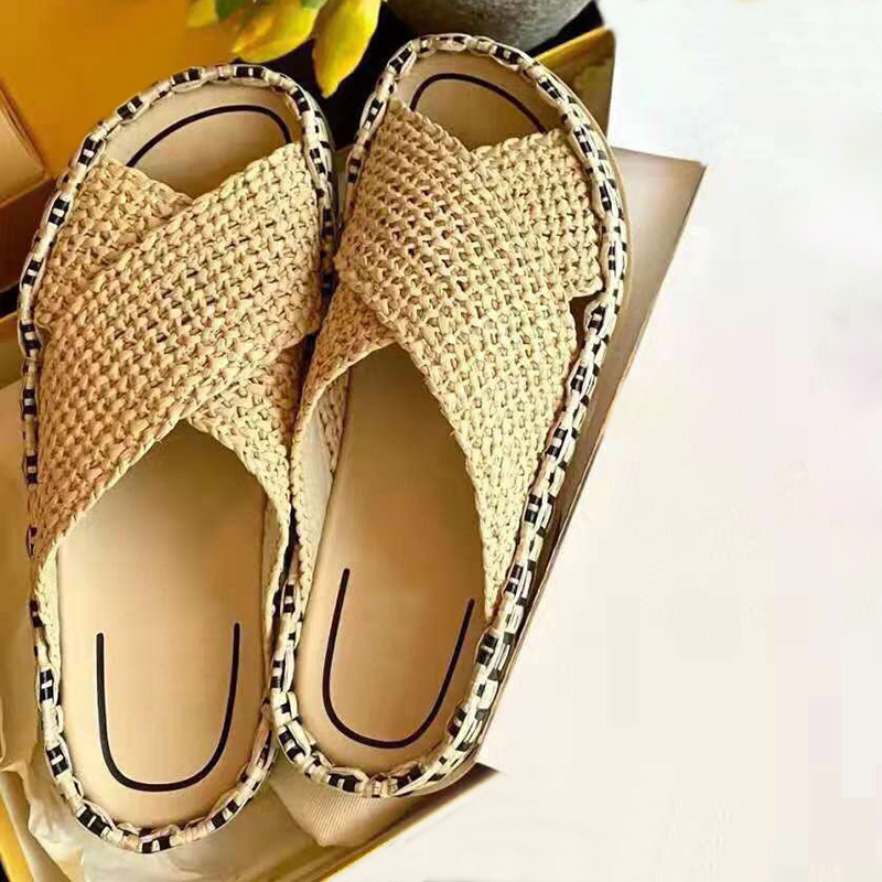 

Fashion designer Novelty Slippers Womens Sandals Summer Slides Straw Recreational grass Shoe Ladies Beach Shoes size 35-40 Flat Slipper Wome, Black