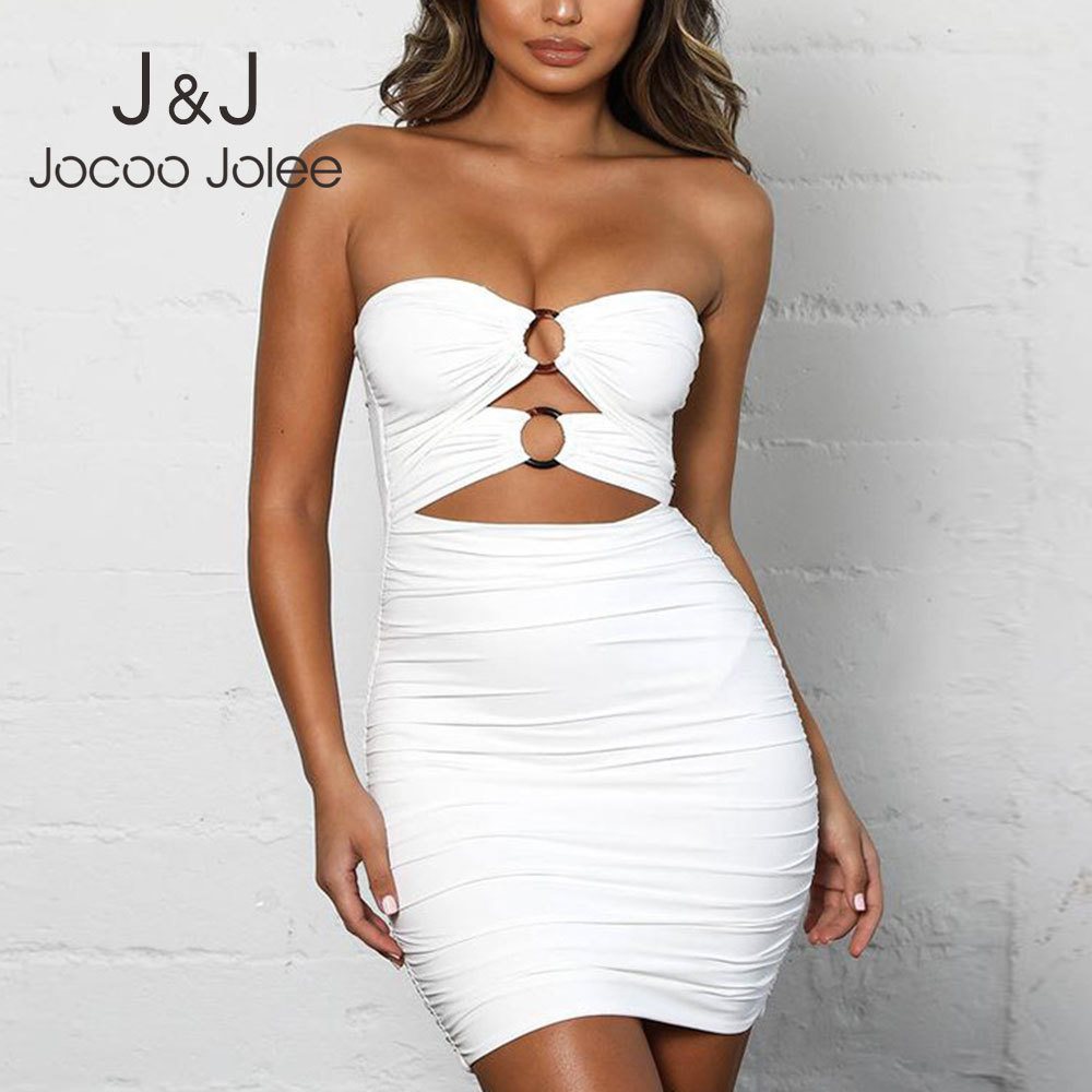

Jocoo Jolee Women Summer Ruched Hollow Out Club Party Mini Sexy Bandage Tube Dress Off Shoulder Bodycon Skinny Backless 210518, Black