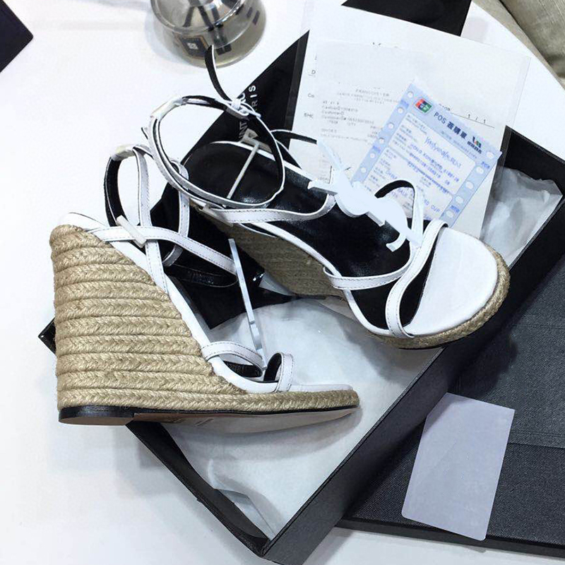 

Women Wedge Espadrilles Designer Cassandra Sandals Soft Straw Weaving Pump Leather Shoe 10.5 CM High Heels Adjustable Buckle Wedding Dress Shoes NO325, Socks