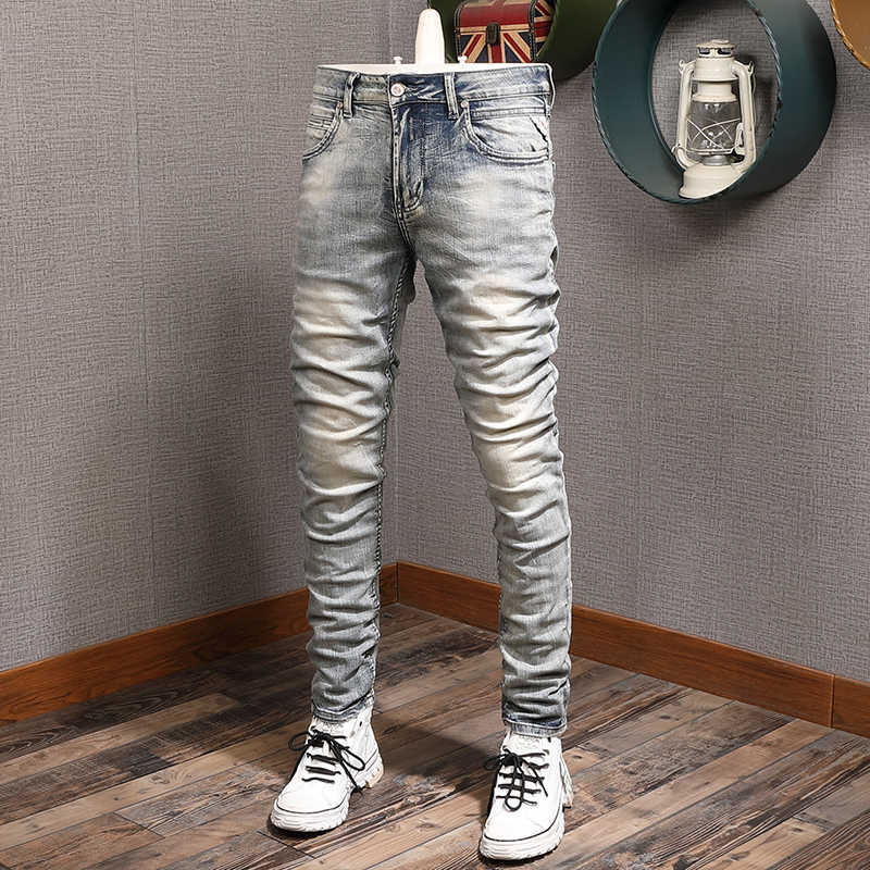 

Italian Style Fashion Men Jeans High Quality Elastic Cotton Slim Fit Ripped Retro Vintage Designer Denim Pencil Pants, Retro gray blue