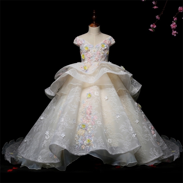 

Girl's Dresses Caustom made embroidery gown children girls party dress long train 0925, Beige