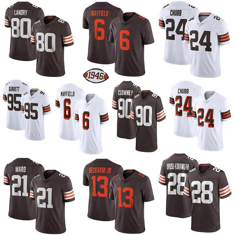 

6 Baker Mayfield 28 Jeremiah Owusu-Koramoah 24 Nick Chubb Custom Football Jerseys 90 Jadeveon Clowney 95 Myles Garrett 80 Jarvis Landry 21 Denzel Ward Odell Beckham Jr, Youth