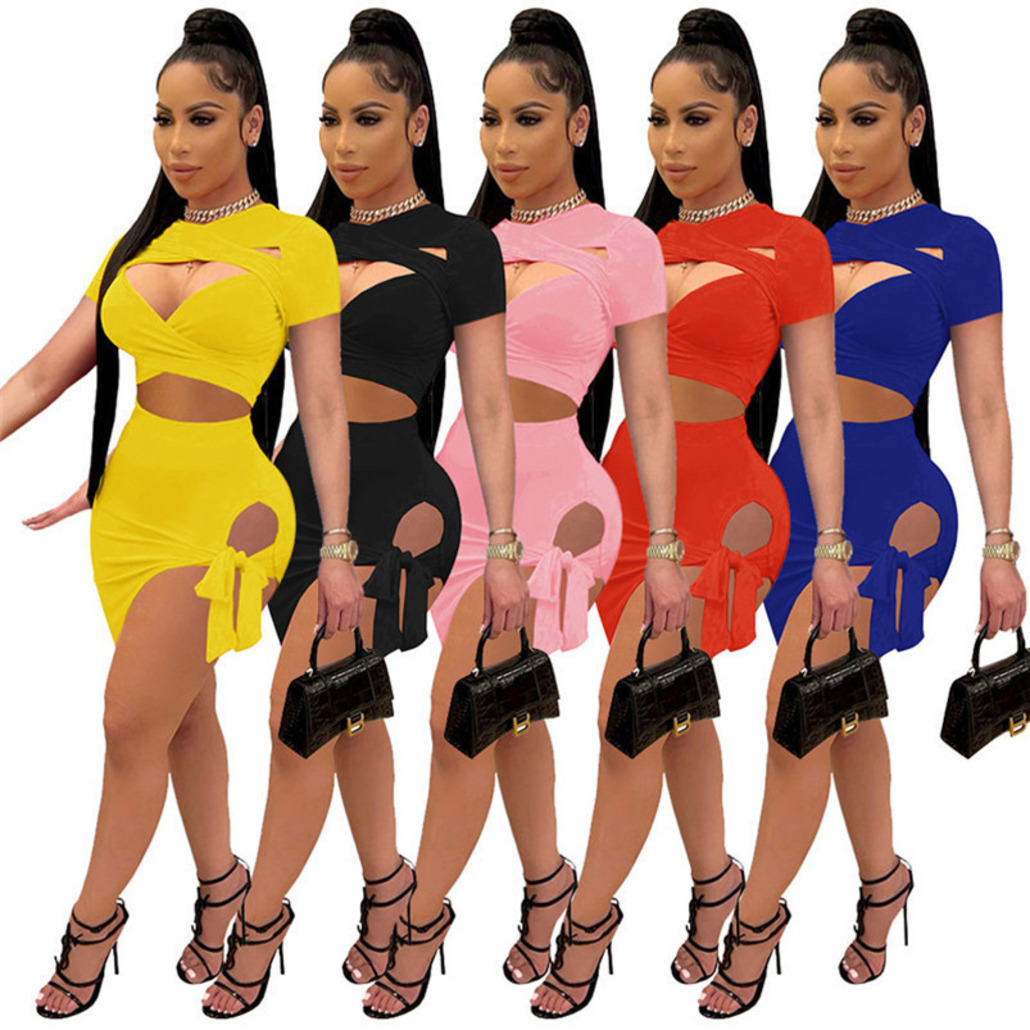 

wholesale Womens Two piece Dress tops + mini skirt sexy bind bodycon dresses fashion solid high quality skirts Summer Women Clothes D426, Orange