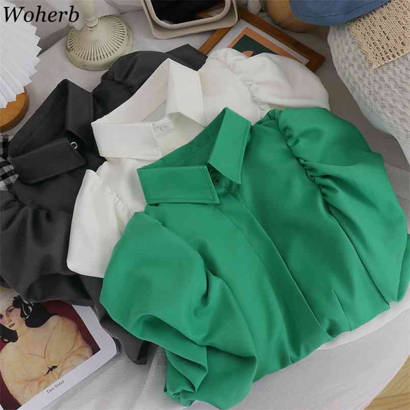 

Vintage Ruffles Women Blouse Turn Down Collar Butterfly Short Sleeve Loose Shirts Elegant Chiffon Single Breasted Tops 210519, Green