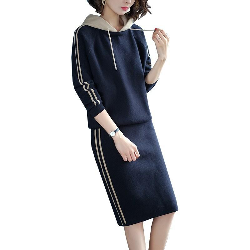 

Women's Two Piece Pants Rlyaeiz Brand 2021 Autumn Fashion 2 Set Women Striped Hooded Knitting Pullover + Skirts Sporting Wear Female Tracksu, Khaki