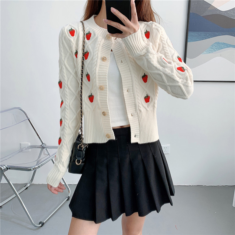 

women's sweaters knitted cardigan sweater sweet knitwear strawberry pattern knit jackets thicker fall winter chic casual loose, White;black