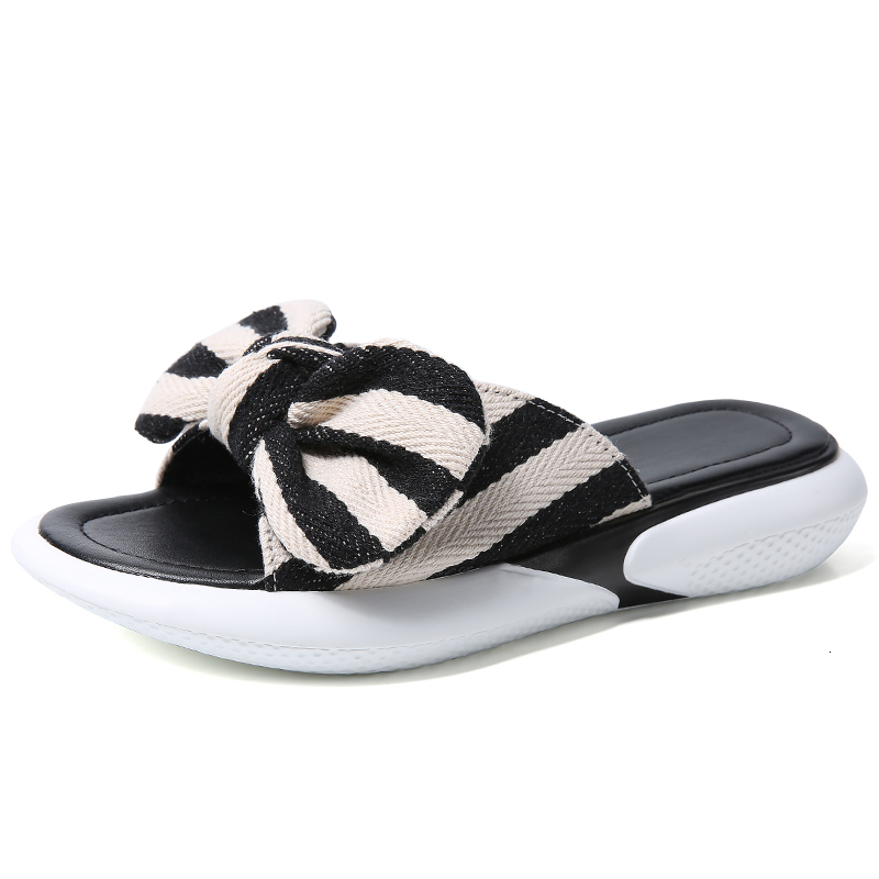

Slippers Bow Summer Fashion Korean Style FLower Slides Women Flat Low Wedge Ladies Street Teen TDJV, Black