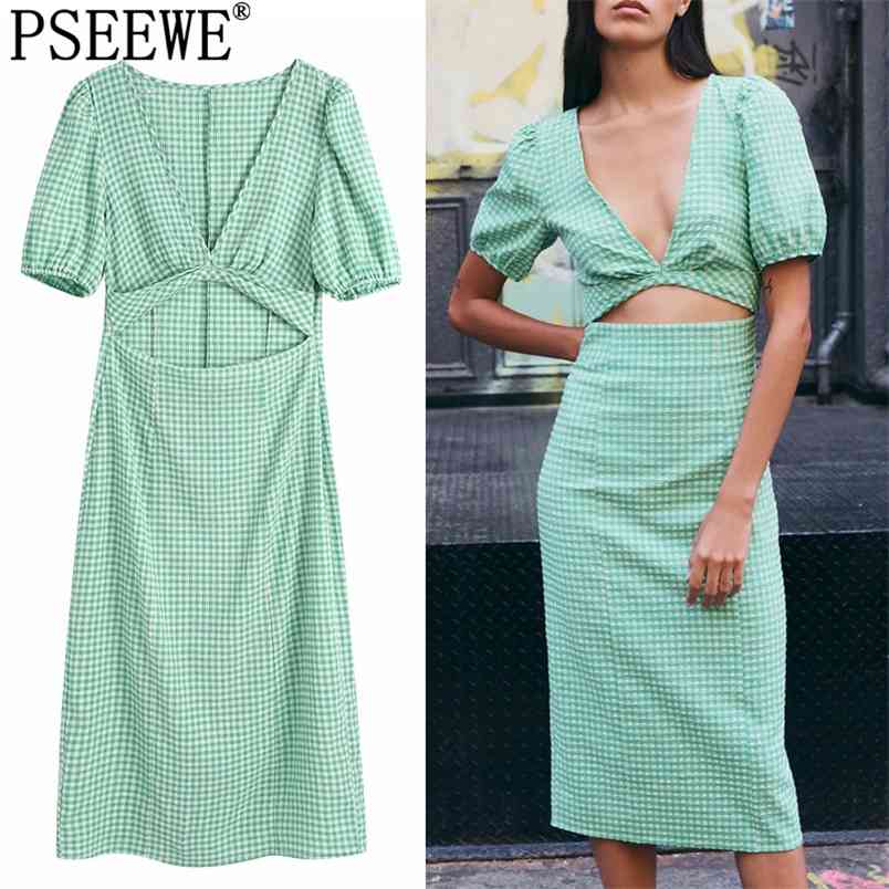 

Summer Dress Woman Green Plaid Cut Out Long Women Fashion Short Puff Sleeve Midi Elegant Women's es 210519