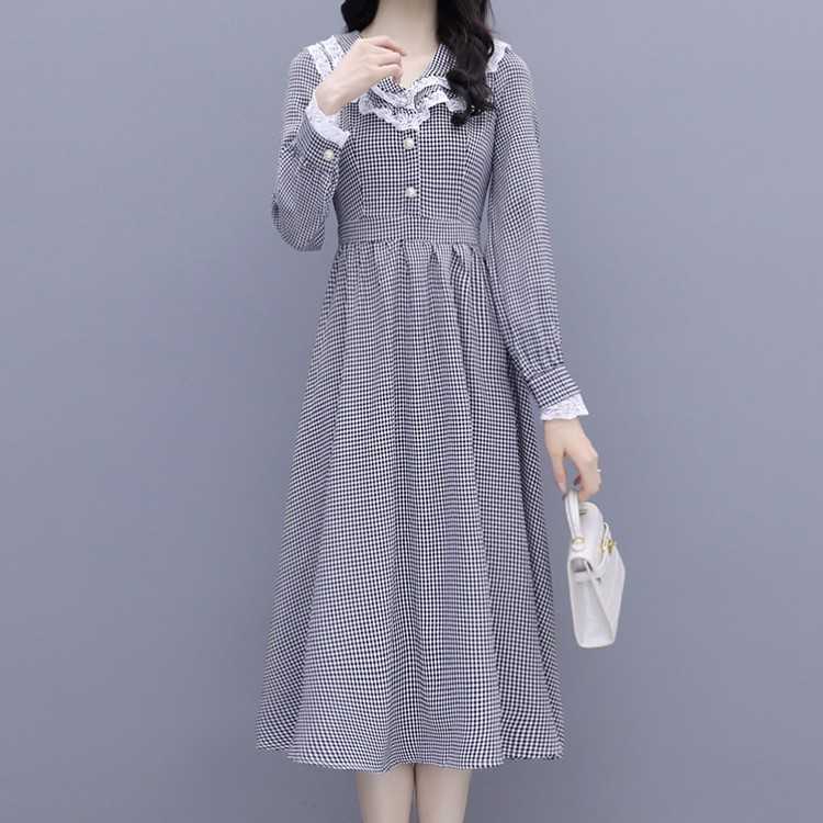 

Retro Spring Lace Patchwork Long Plaid Dress Korean Women Fashion Sleeve Houndstooth Elegant Lady Slim Female 210526, Photo color