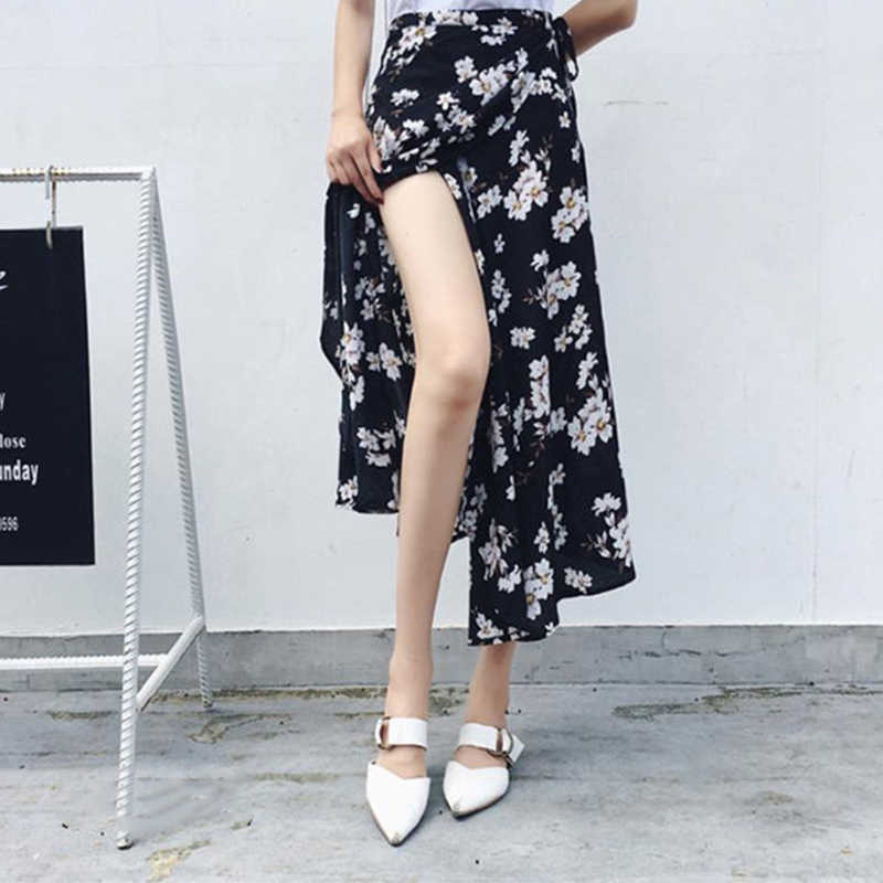 

Summer Skirt Women Fashion Sexy High Waist Irregular Split Bandage Wrap Pencil Skirts Casual Floral Print Slim Boho 210526, White big dot