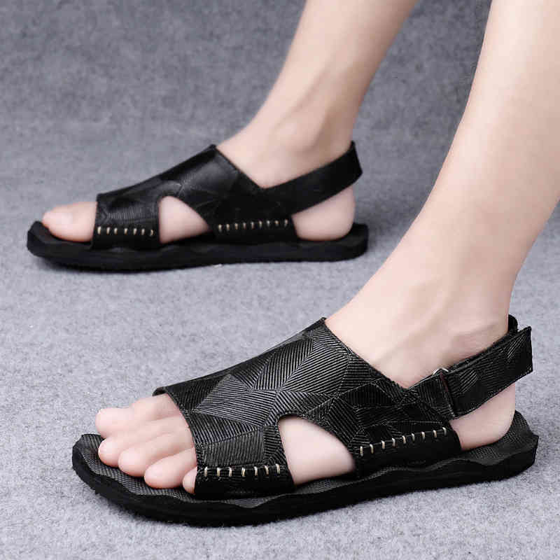

slippers men sandals fashion summer outdoor shoes genuine leather casual breathable beach slippers flats non-slip lightweight designers q2kl, Black