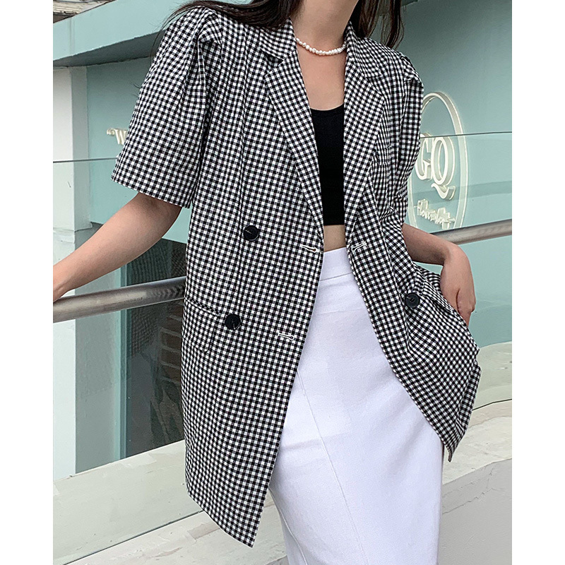 

Elegant Short Sleeve Plaid Print Blazers Women Fashion Office Lady Woman Jacket Casual Loose All-match Coat Female Summer 210525, Black