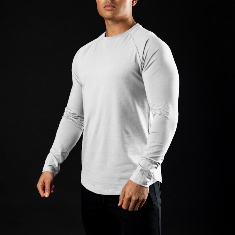 

Men's T-Shirts Casual Long Sleeve T-shirt Men Cotton Gym Clothing Fitness Bodybuilding Workout Skinny T Shirt Male Solid Sports Tee Tops, White